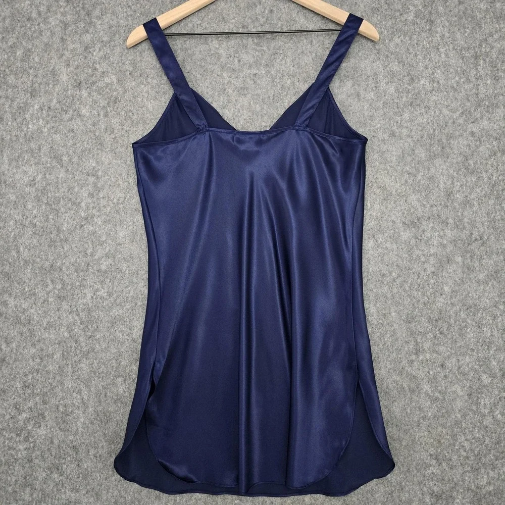 Vtg California Dynasty Nightgown Womens M Navy Satin Rose Chemise‎ Slip Dress
